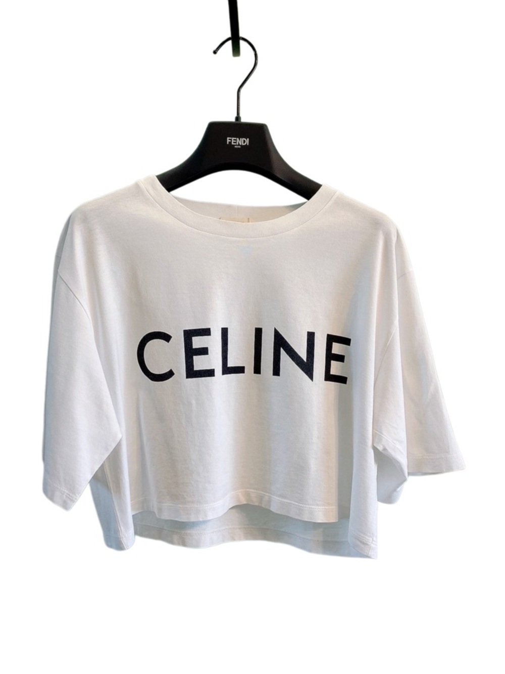 🚩steal Celine White Cropped Logo Tee with Black Print